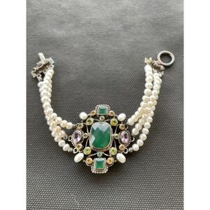 Nicki Butler NB 925 Sterling Silver India Pearl & Gemstone Bracelet Vintage